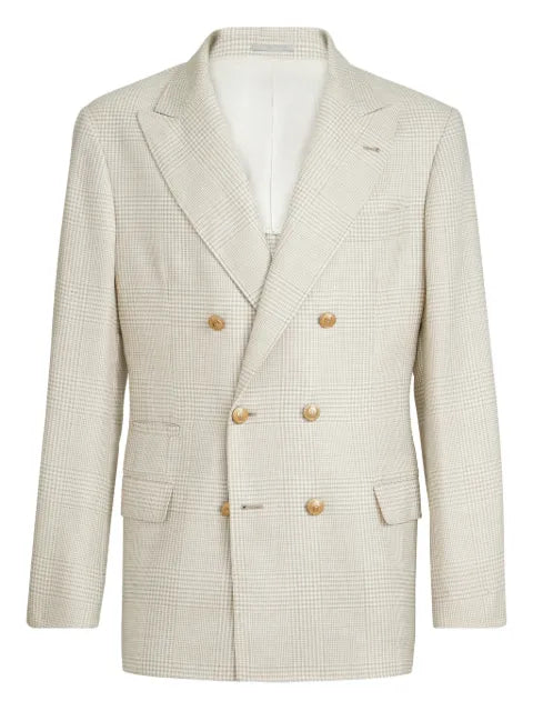 Brunello Cucinelli virgin wool, silk and linen Prince of Wales one-and-a-half breasted deconstructed blazer with metal buttons