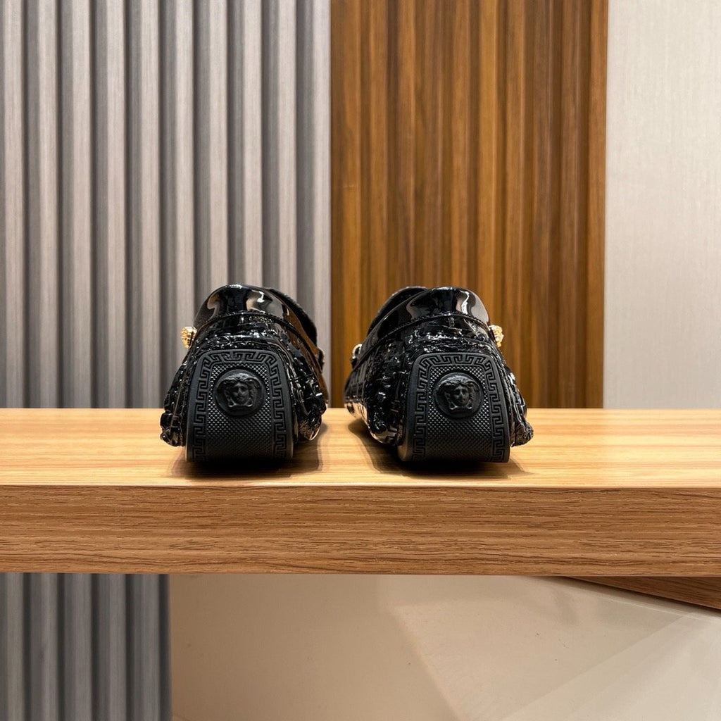 Versace Black Patterned Loafers with Gold-Tone Ornament